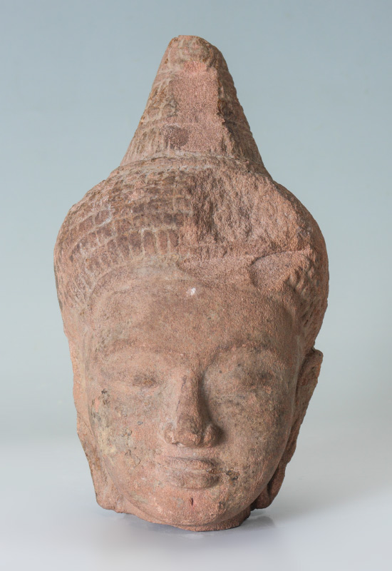 Appraisal: SANDSTONE ARCHITECTURAL FRAGMENT HEAD OF BUDDHA Southeast Asian measures ''h