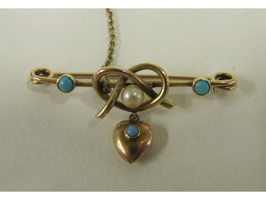 Appraisal: Edwardian rose gold turquoise and pearl set bar brooch with