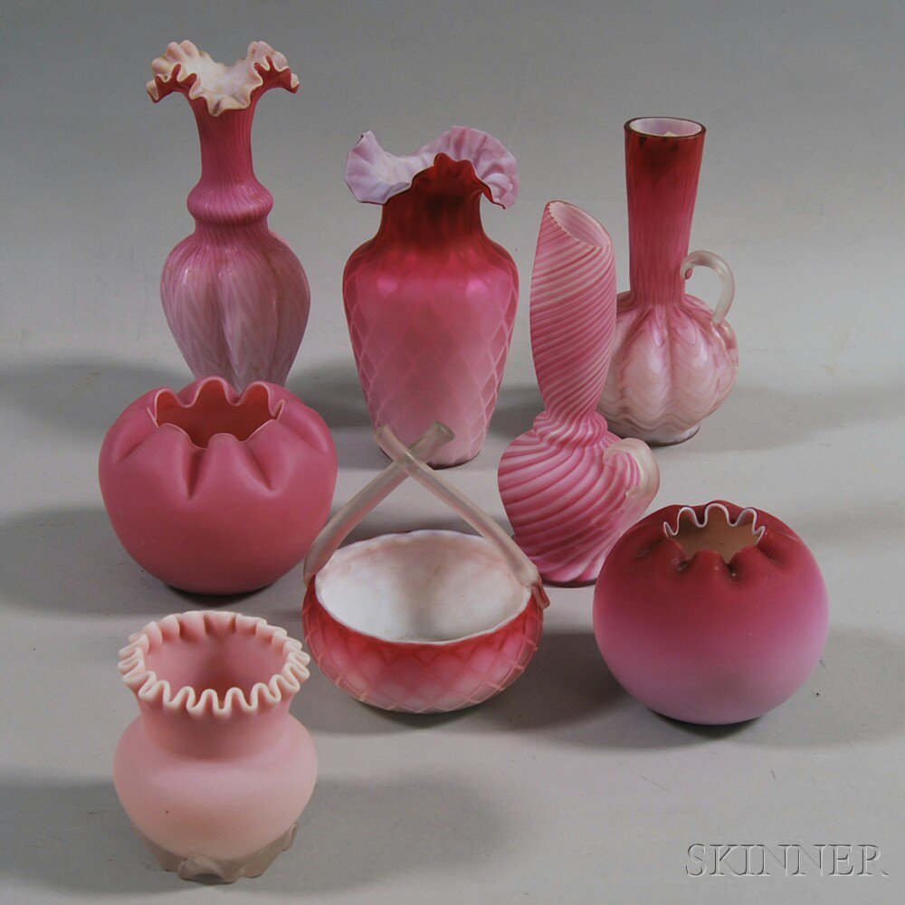 Appraisal: Eight Pieces of Pink Victorian Satin Glass two rose bowls