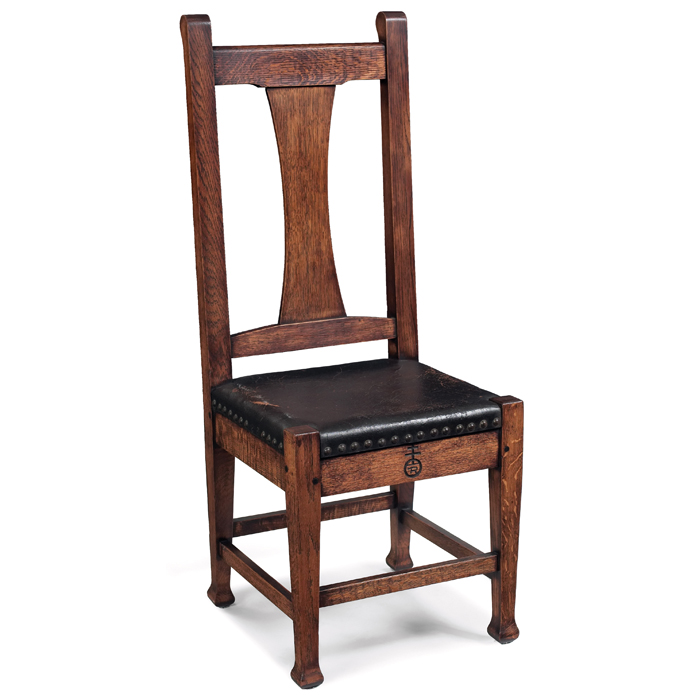 Appraisal: Roycroft side chair high-back form with single hourglass-shaped slat at