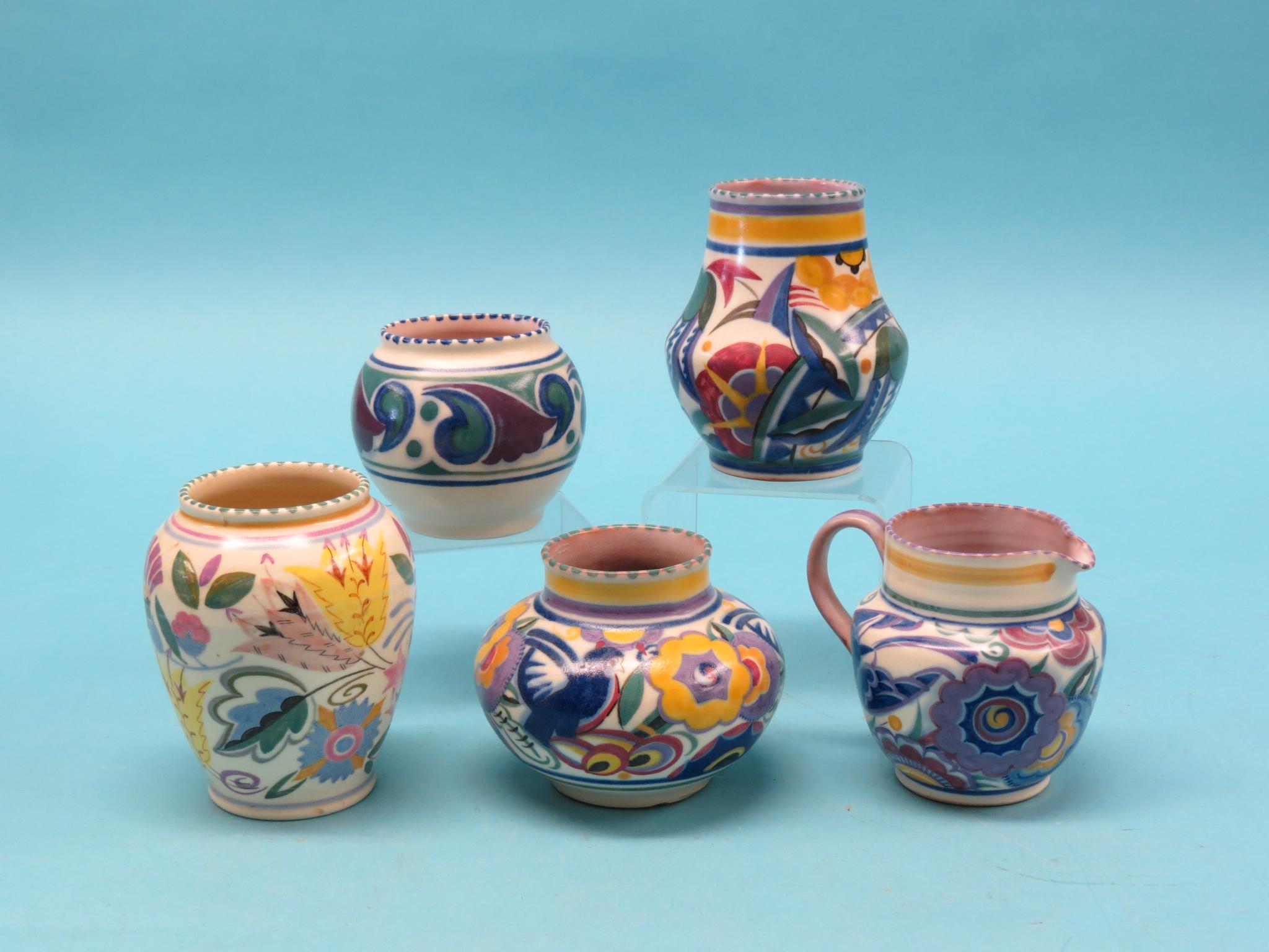 Appraisal: Five Art Deco-style Poole pots brightly enamelled designs impressed marks