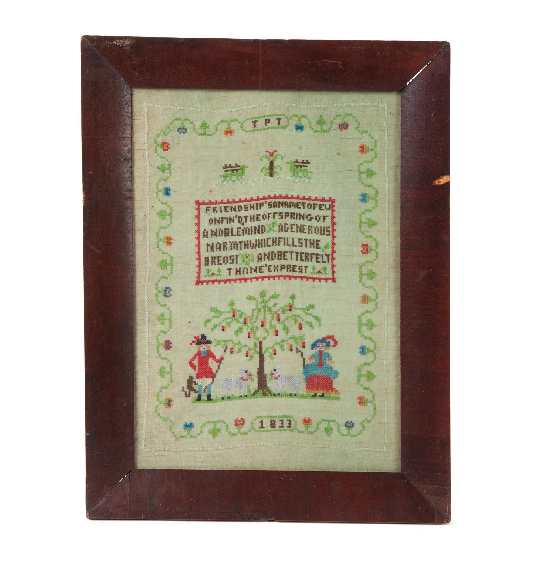 Appraisal: FRAMED SAMPLER European Linen with silk Lettering reads a saying