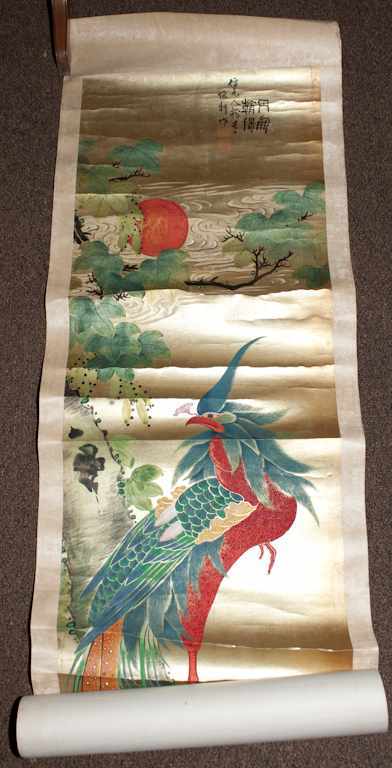 Appraisal: Pair of Japanese gilt decorated scrolls depicting exotic birds Estimate