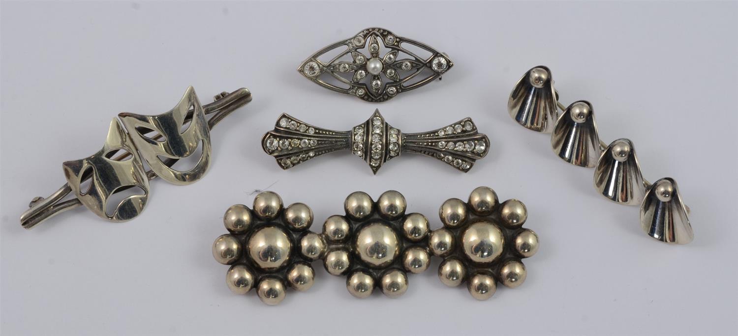 Appraisal: Silver Bar Pins NE From Denmark Marcasite Seed Pearl Rhinestone