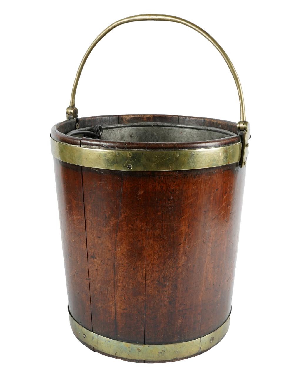 Appraisal: ENGLISH BRASS-MOUNTED WOOD BUCKETwith metal liner Provenance Property from a