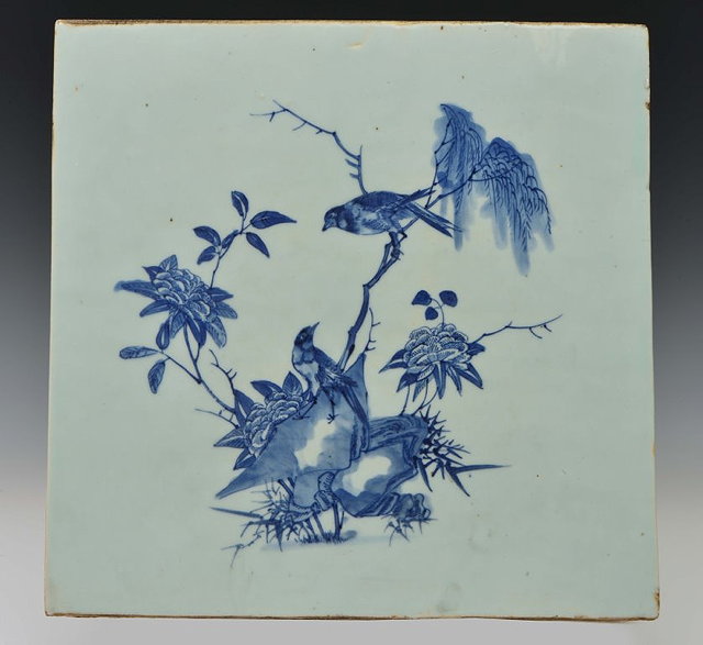 Appraisal: A CHINESE PORCELAIN LARGE SQUARE BLUE TILE decorated two birds