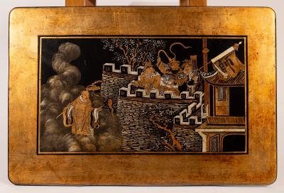 Appraisal: Four Chinese black and gold lacquer panels figures on terraces