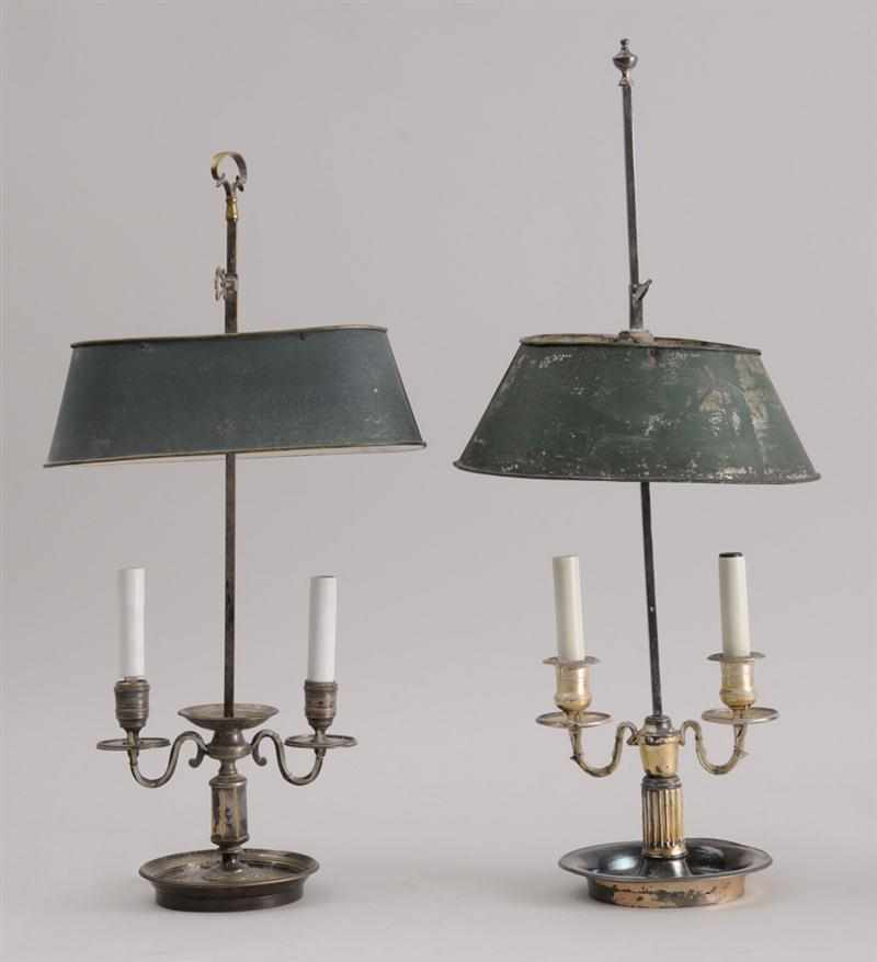 Appraisal: TWO SIMILAR LOUIS XVI STYLE SILVER-PLATED BOULIOTTE LAMPS Each dished