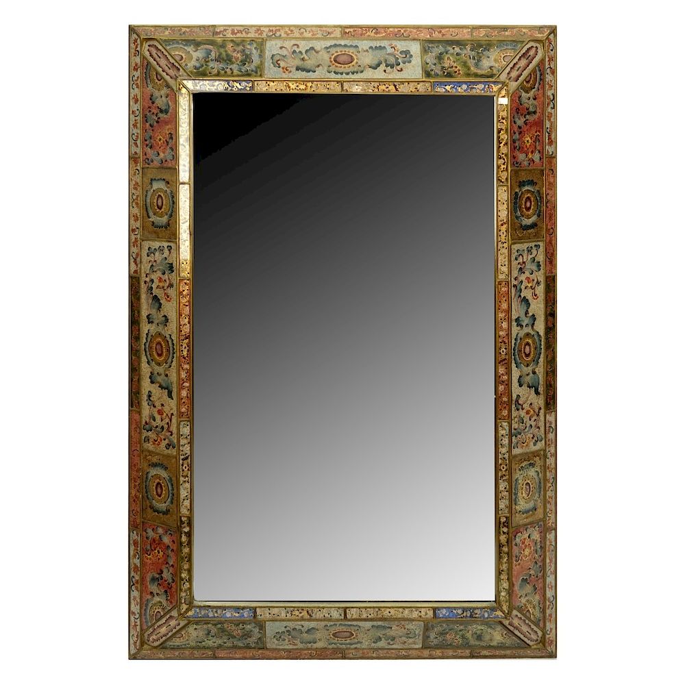 Appraisal: Eglomise Mirror Large Giltwood and Eglomise Cushion Form Mirror Measures