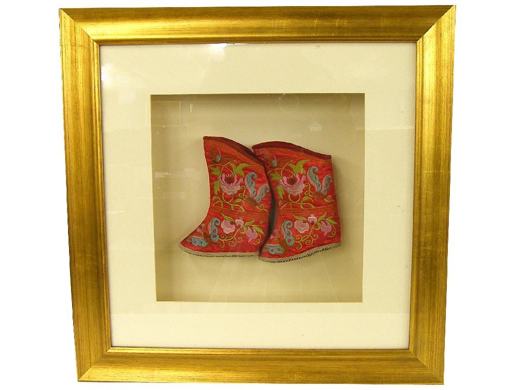 Appraisal: Pair of small Chinese tapestry boots worked in pink green