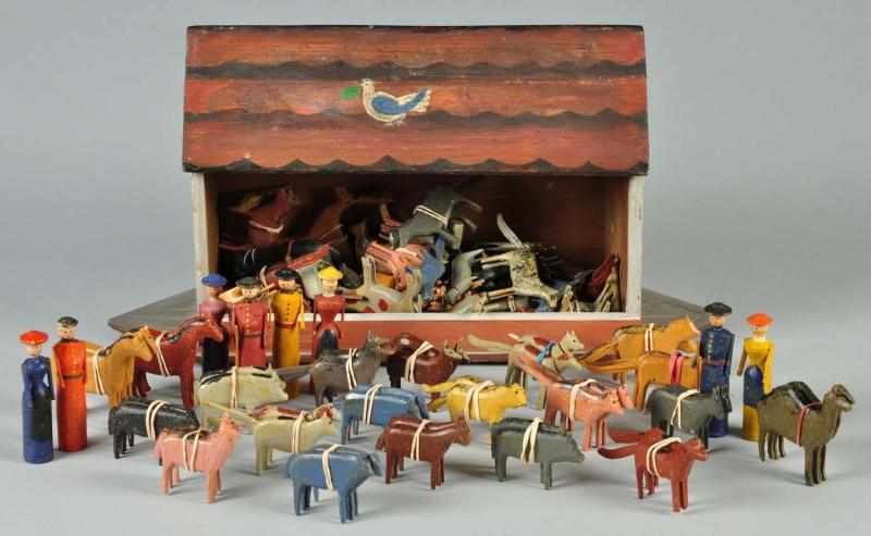 Appraisal: Wooden Noah's Ark with Carved Painted Animals Condition Excellent Size