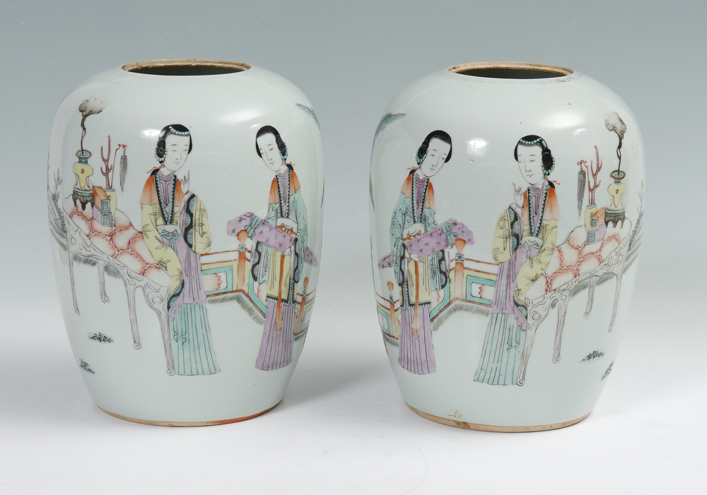 Appraisal: PAIR CHINESE STORAGE JARS Polychrome decorated with genre scene and