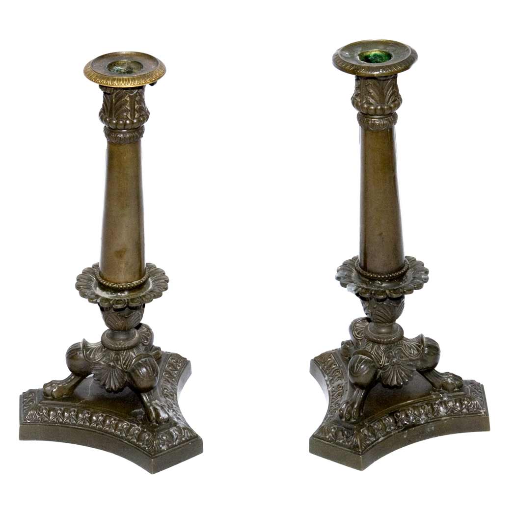 Appraisal: Pair of Empire Style Patinated-Bronze Candlesticks Height inches