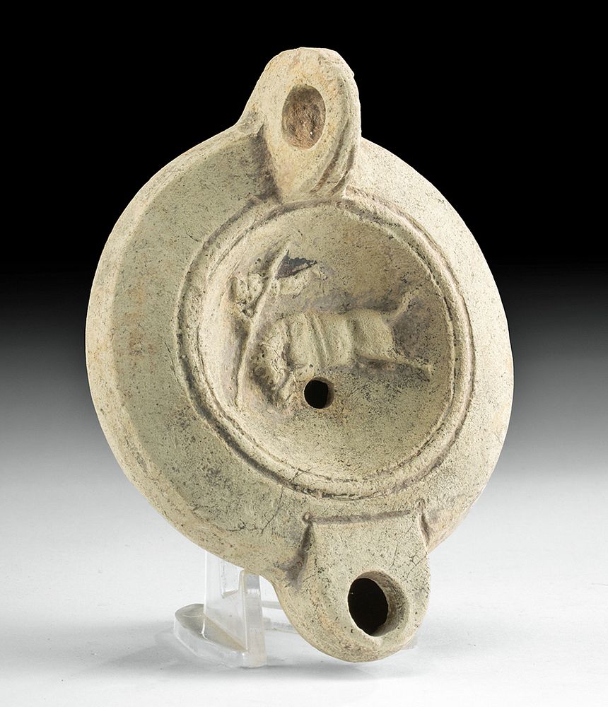 Appraisal: Signed Roman Pottery Oil Lamp w Bull Vaulter - CPOMPO