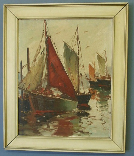 Appraisal: Oil on canvas painting of fishing boats in a harbor