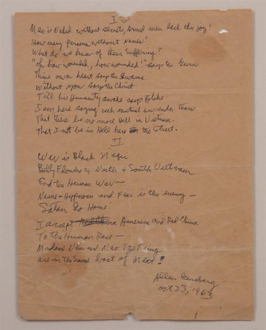 Appraisal: ALLEN GINSBERG UNPUBLISHED -LINE POEM ON SUBJECT OF VIETNAM signed