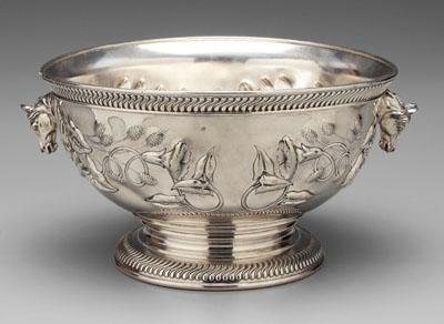 Appraisal: Silver plated center bowl horse head handles repousse morning glory