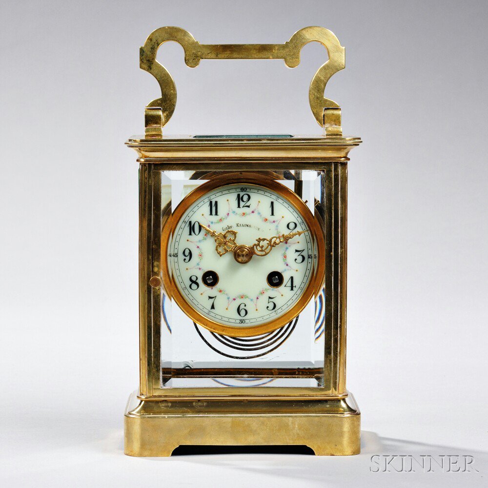 Appraisal: Lenzkirch Large Carriage Clock Germany c brass and beveled glass