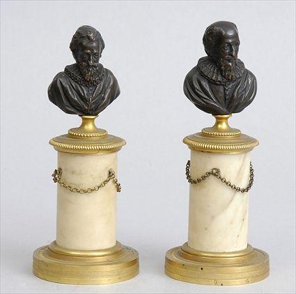 Appraisal: PAIR OF FRENCH BRONZE BUSTS ON GILT-METAL MOUNTED WHITE MARBLE