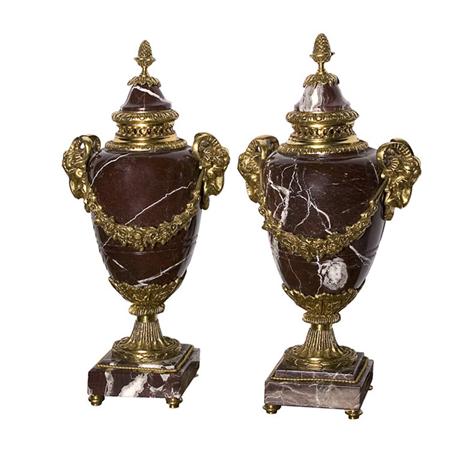 Appraisal: Pair of Louis XVI Style Gilt-Bronze Mounted Rouge Marble Urns