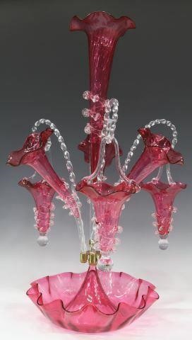 Appraisal: English Victorian cranberry glass epergne centerpiece late th early th