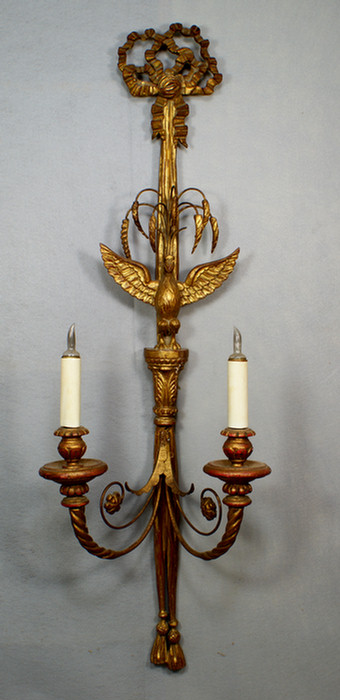 Appraisal: Large carved and gilt wood eagle sconce electrified - h