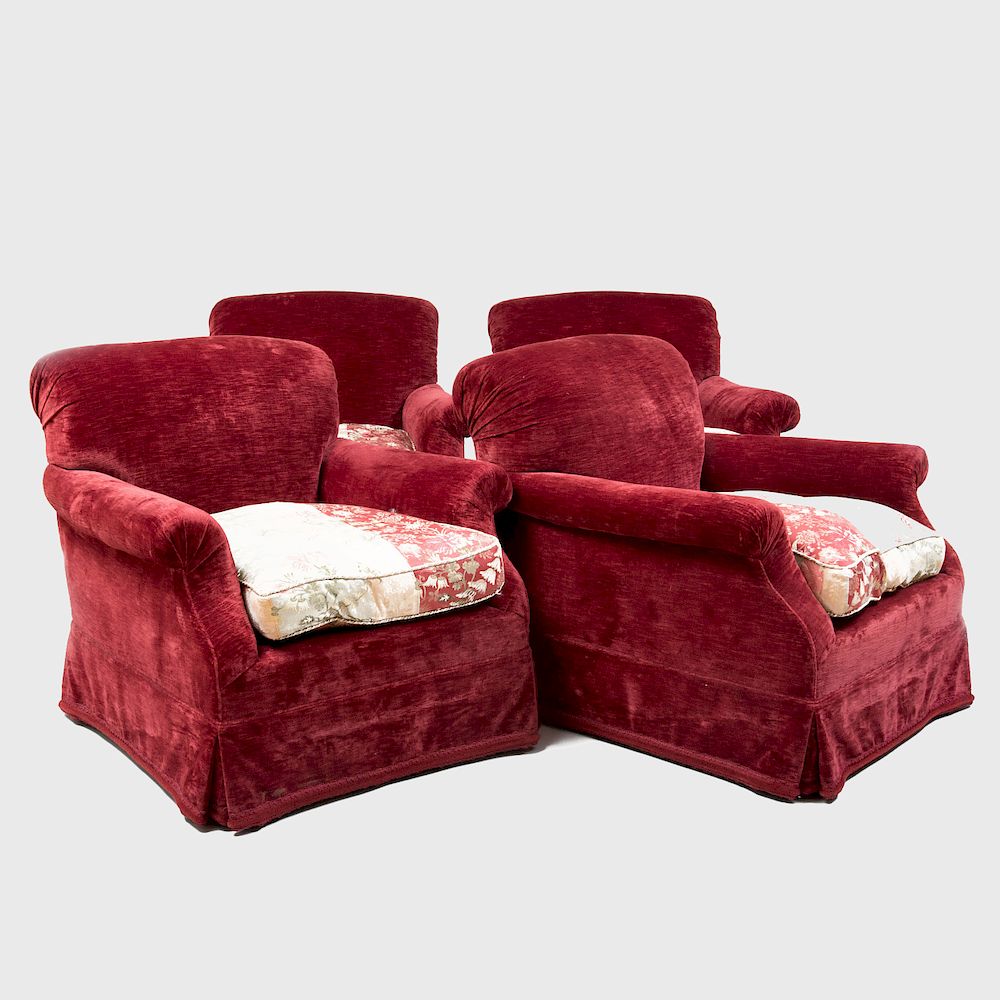 Appraisal: Set of Four Red Velvet and Damask Upholstered Club Chairs