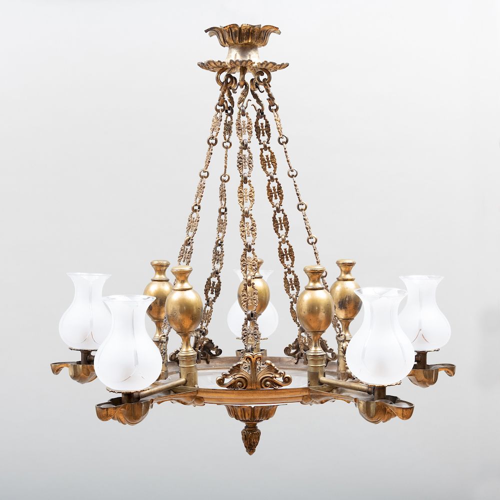 Appraisal: William IV Gilt-Bronze and Brass Five-Light Chandelier with Hurricane Shades