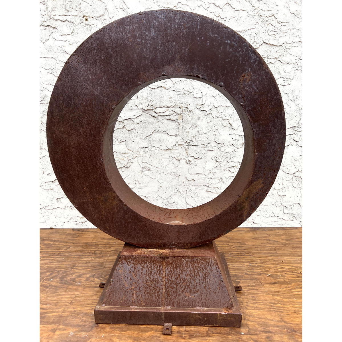 Appraisal: Large Modernist Steel Garden Sculpture Offset circle with angled base