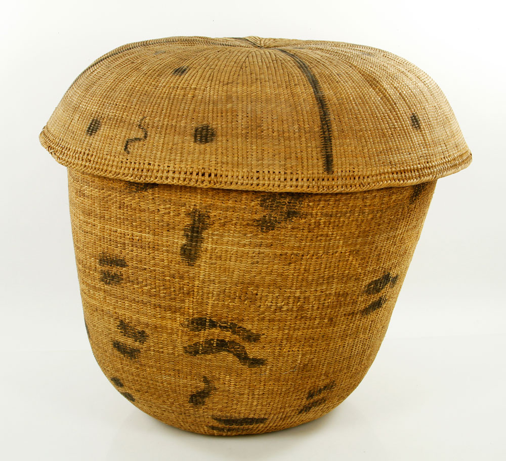 Appraisal: - Native American Basket Native American covered basket decorated with