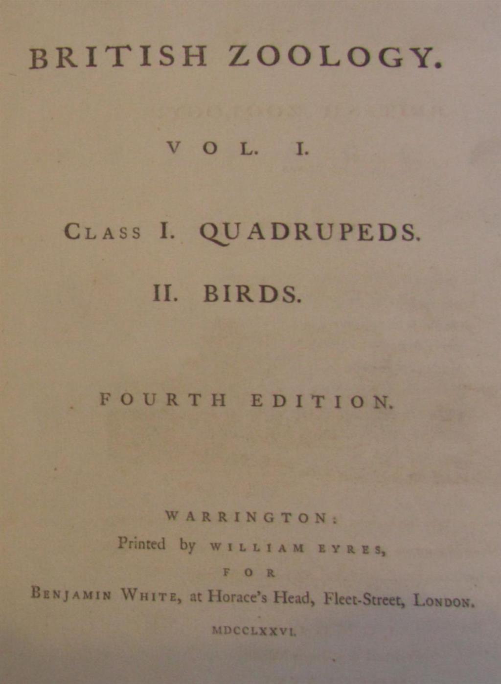 Appraisal: PENNANT THOMAS BRITISH ZOOLOGY Warrington Fourth edition volumes to calf