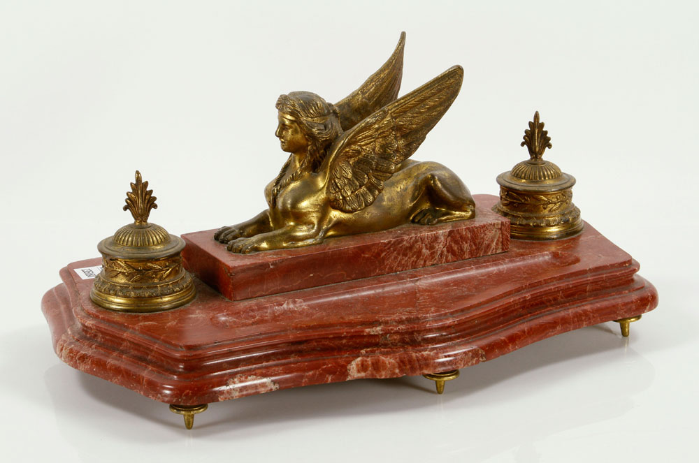 Appraisal: - French Encrier Bronze French Neo Egyptian rouge marble and