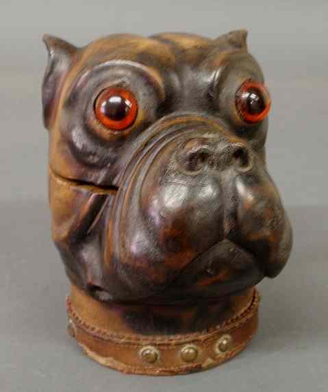 Appraisal: Carved wood English bulldog inkwell late th c with glass