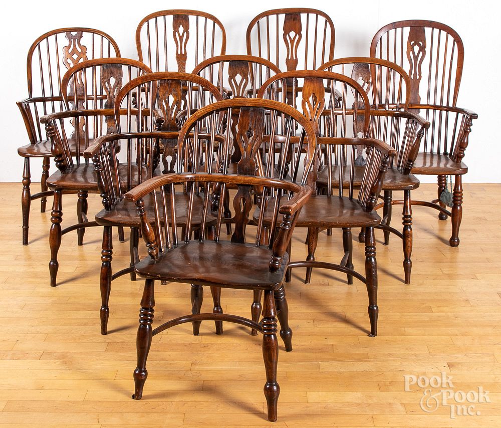 Appraisal: Ten English oak and yewwood dining chairs Assembled set of