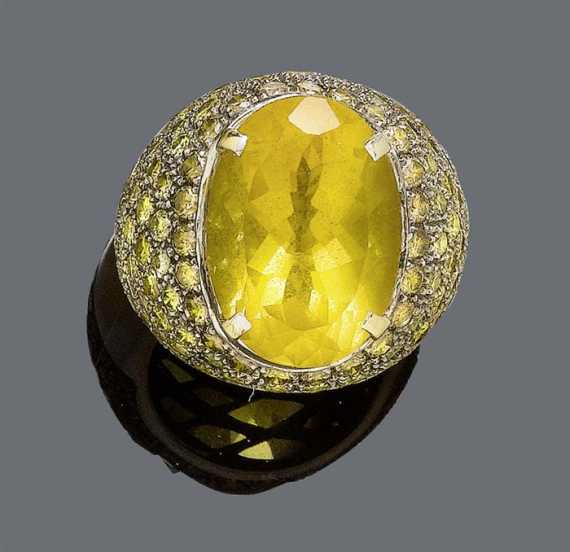 Appraisal: CITRINE AND DIAMOND RING White gold ca Large decorative cocktail