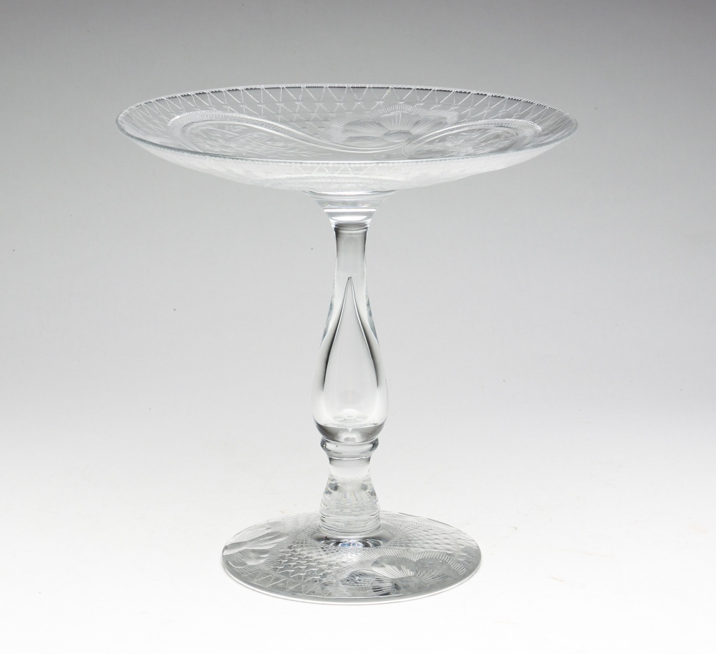 Appraisal: ETCHED LIBBEY GLASS TAZZA American c Etched taza with scroll