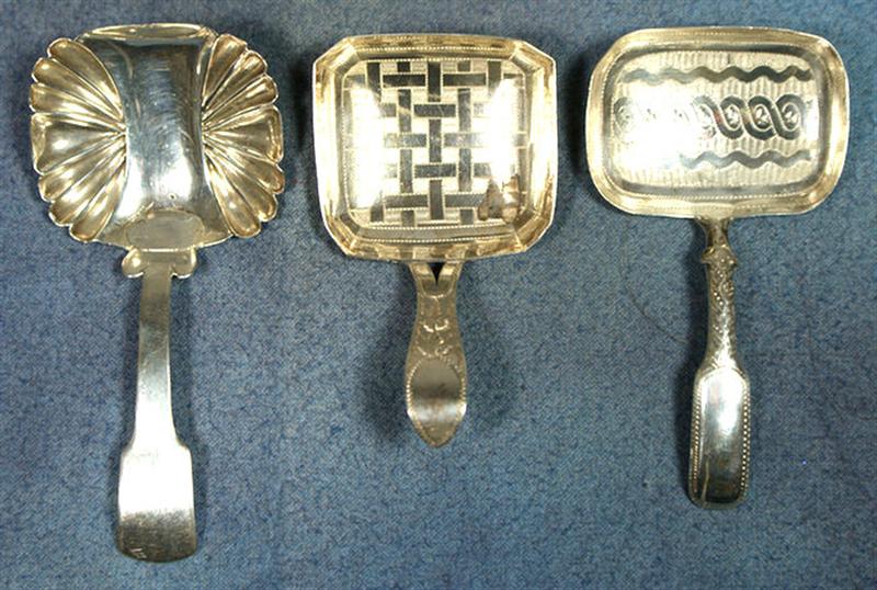 Appraisal: Georgian silver rectangular bowl tea caddy spoons w engraved design