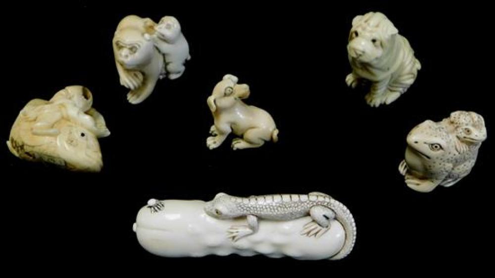 Appraisal: ASIAN Six carved ivory and resin type animal form netsukes