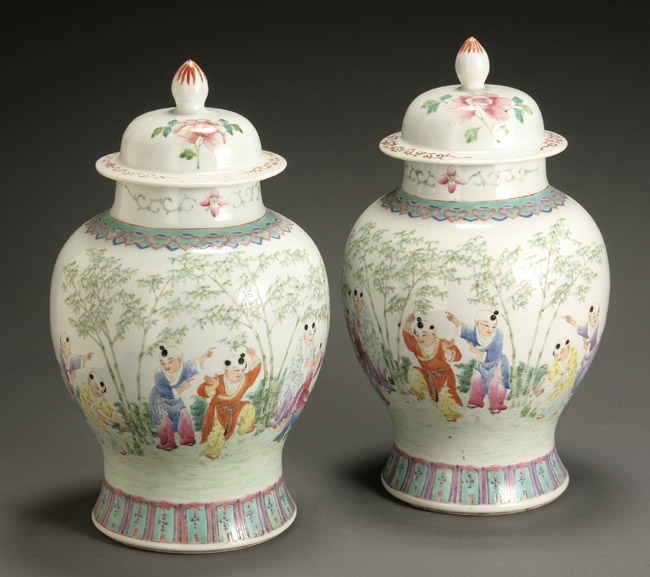 Appraisal: Pair of Chinese Export 'Famille Rose' Covered Urns Guangxu-Xuantong Period