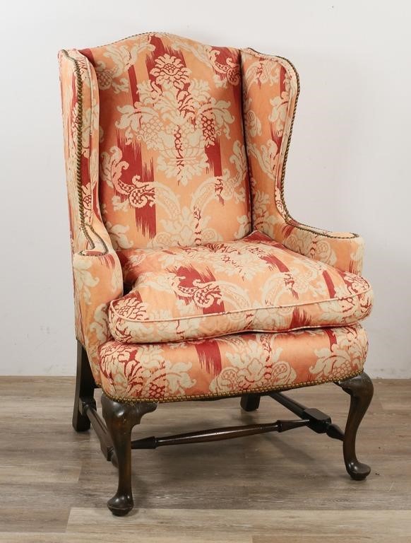 Appraisal: Queen Anne Style upholstered wingback chair American Early th Century