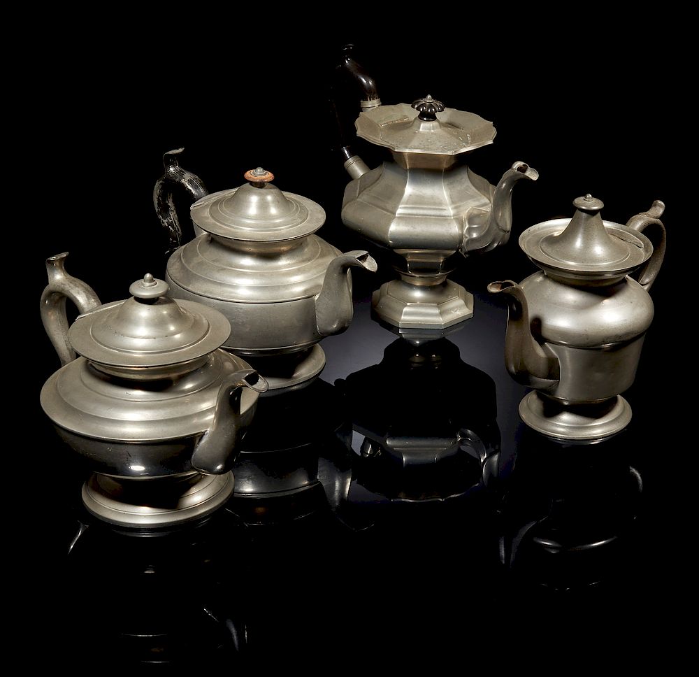 Appraisal: Pewter Tea and Coffee Pots Four assorted tea and coffee