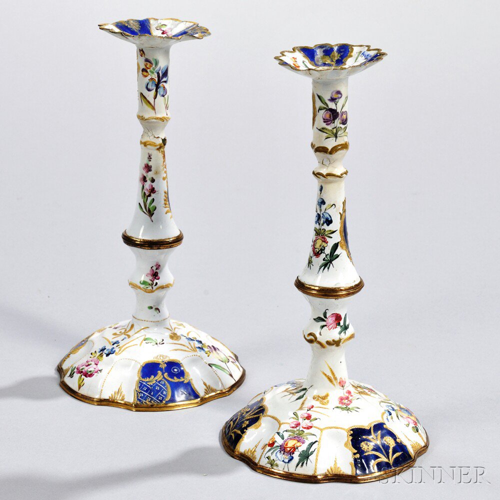 Appraisal: Pair of Staffordshire Enameled Candlesticks England th century polychrome enameled