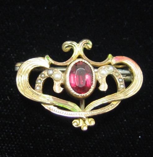 Appraisal: ART NOUVEAU ENAMEL BROOCH and k yellow gold brooch with