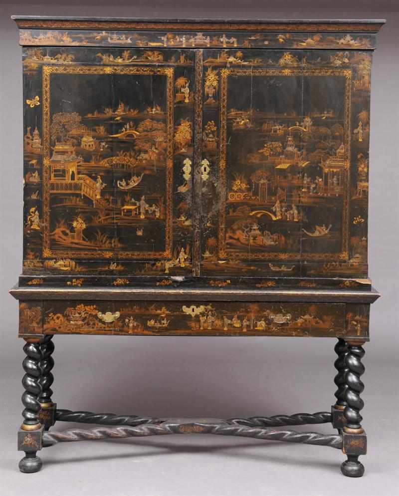 Appraisal: FLEMISH BAROQUE STYLE CHINOISERIE BLACK LACQUER CABINET ON STAND The