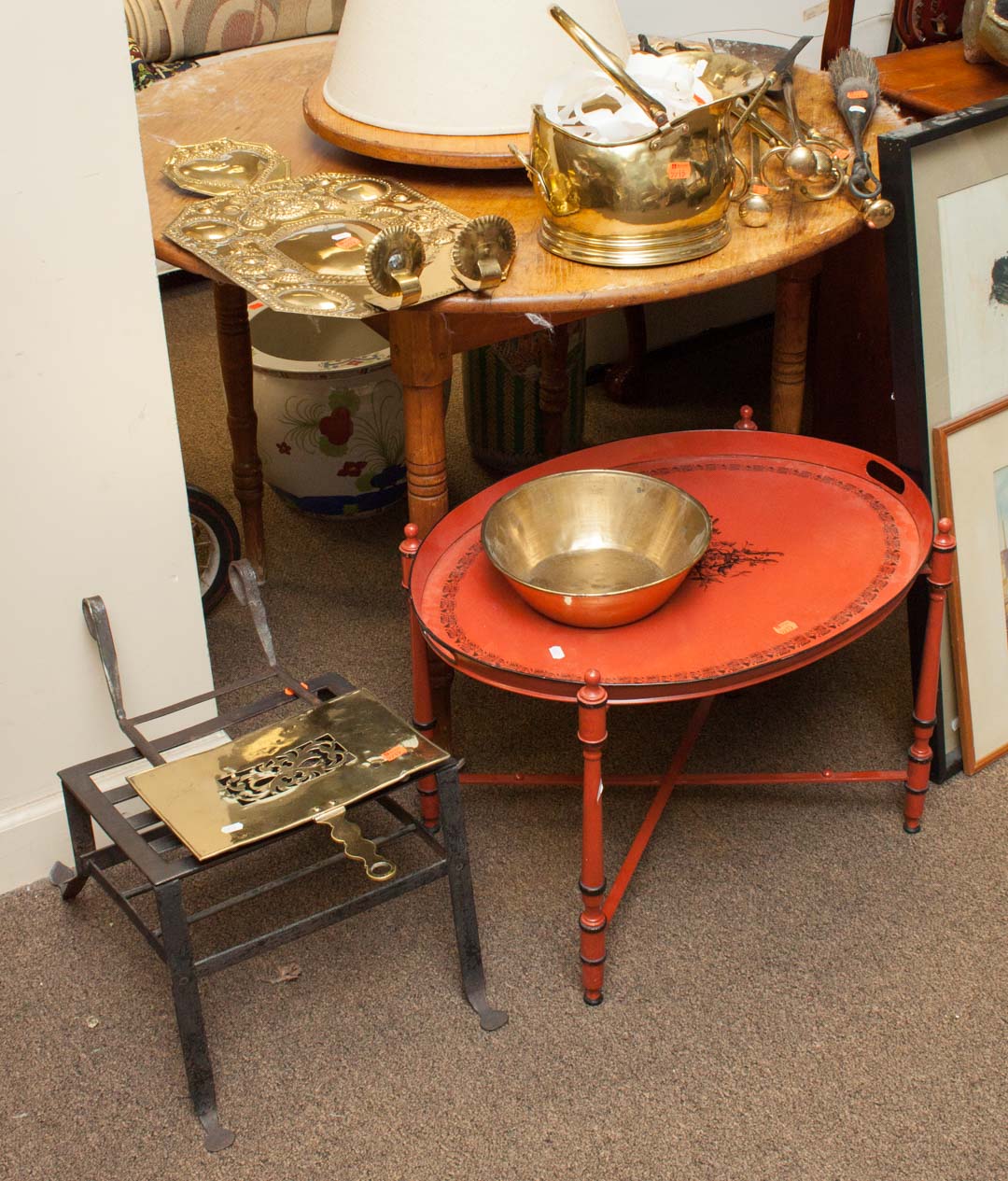 Appraisal: Assorted metal articles including brass bucket wall sconce trivets bowl