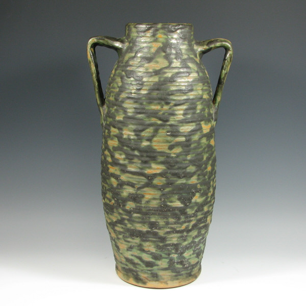 Appraisal: Fulper ridged-form floor vase with handles finished in a multi-toned