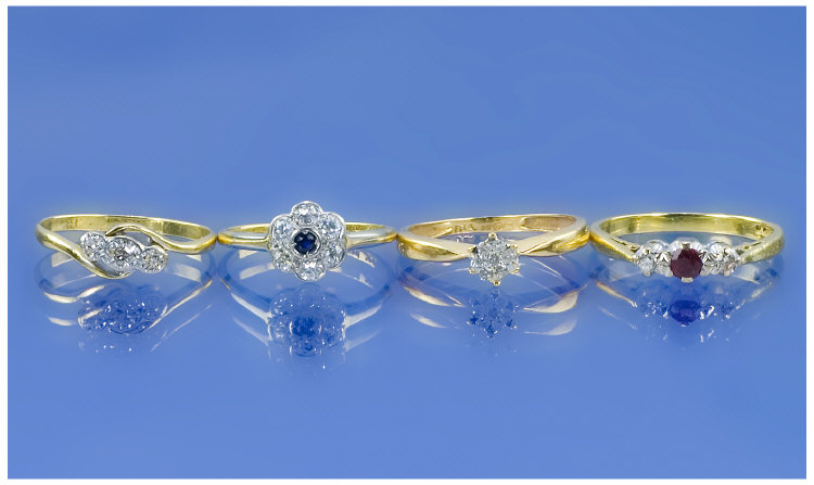 Appraisal: Four ct Gold Diamond Rings Comprising Sapphire And Diamond Cluster