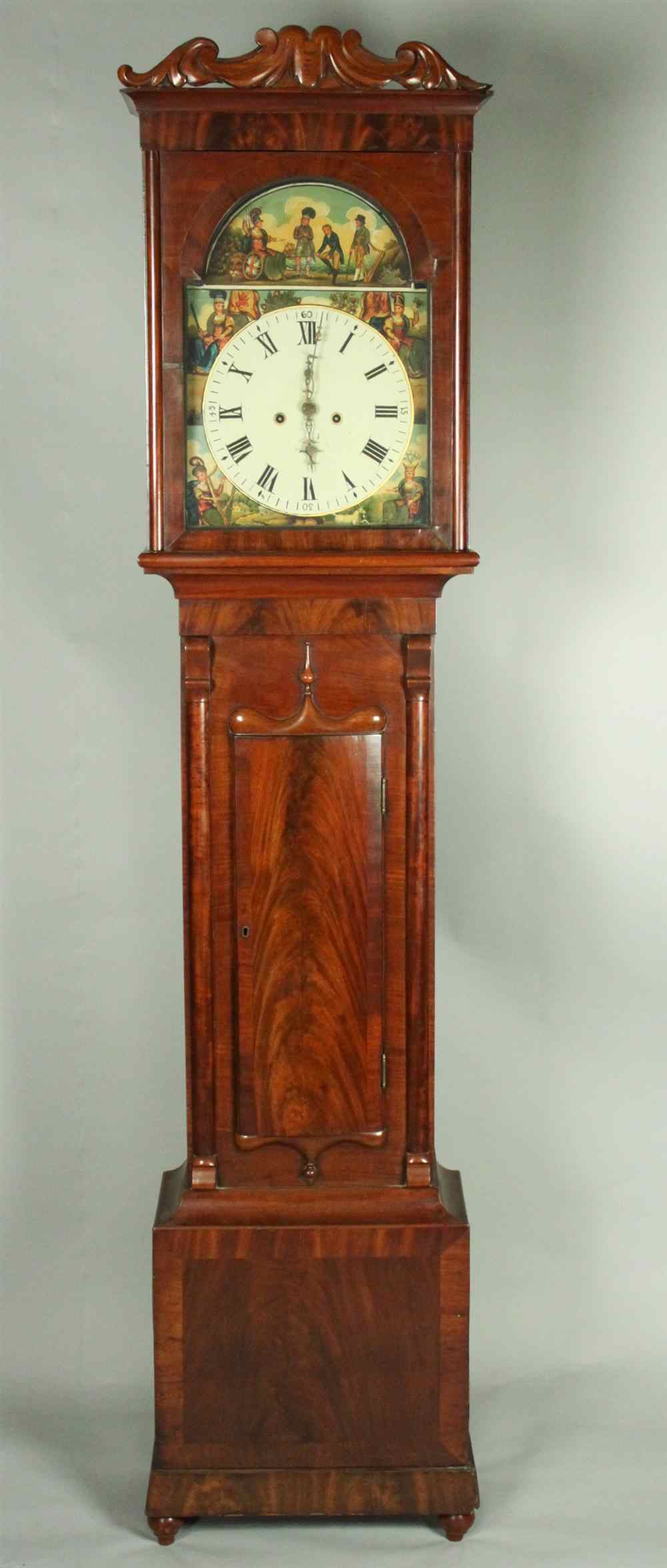 Appraisal: ENGLISH MAHOGANY CLASSICAL TALL CASE CLOCK having a hood with