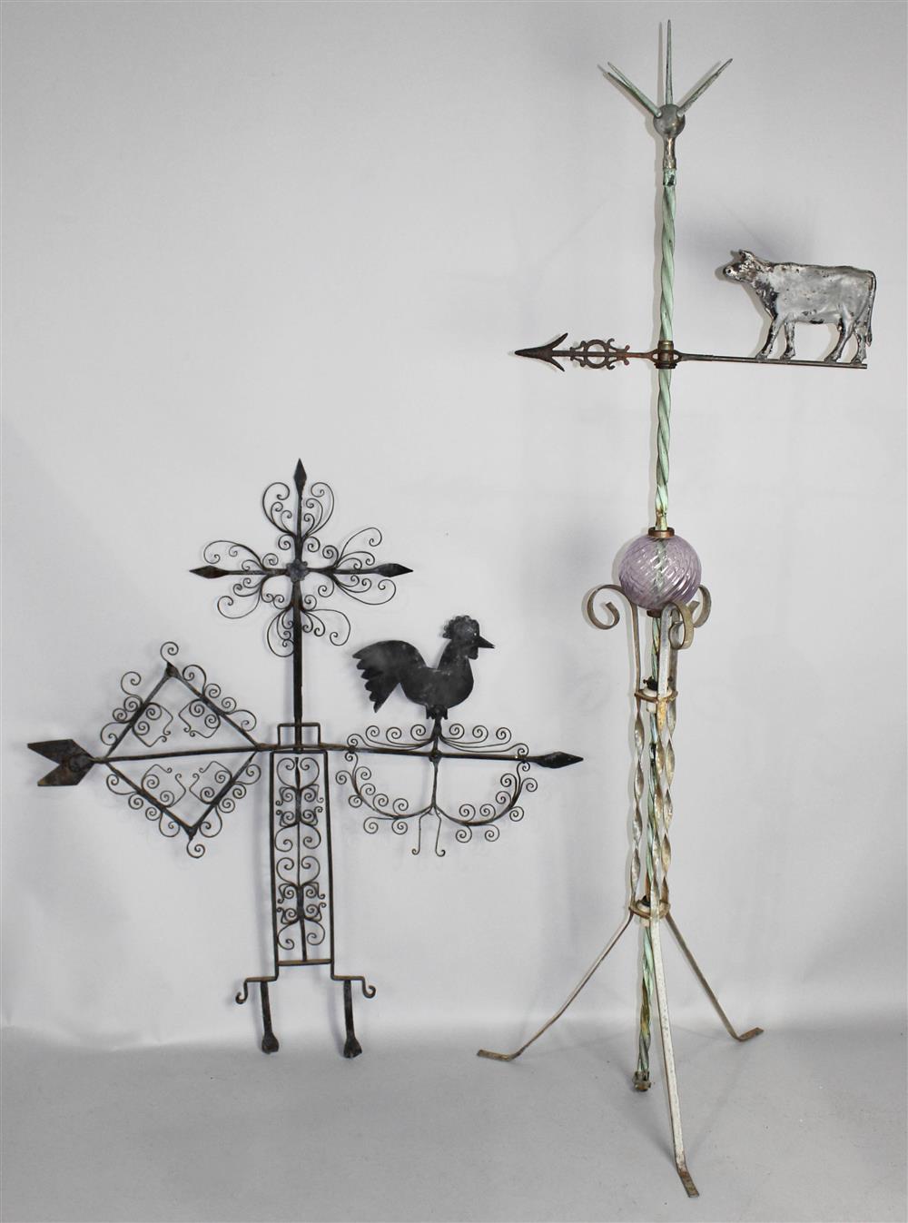 Appraisal: TWO DECORATIVE WROUGHT IRON WEATHERVANES one with a metal cow