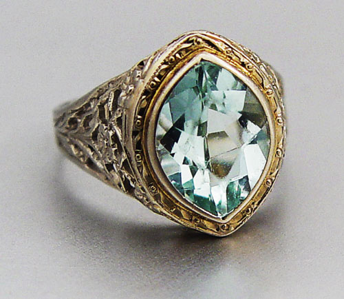 Appraisal: K WHITE FILIGREE RING WITH A CT AQUAMARINE Art Nouveau